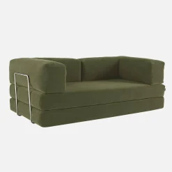 Sofá cama con futón plegable en pana y estructura cromada, 3 plazas