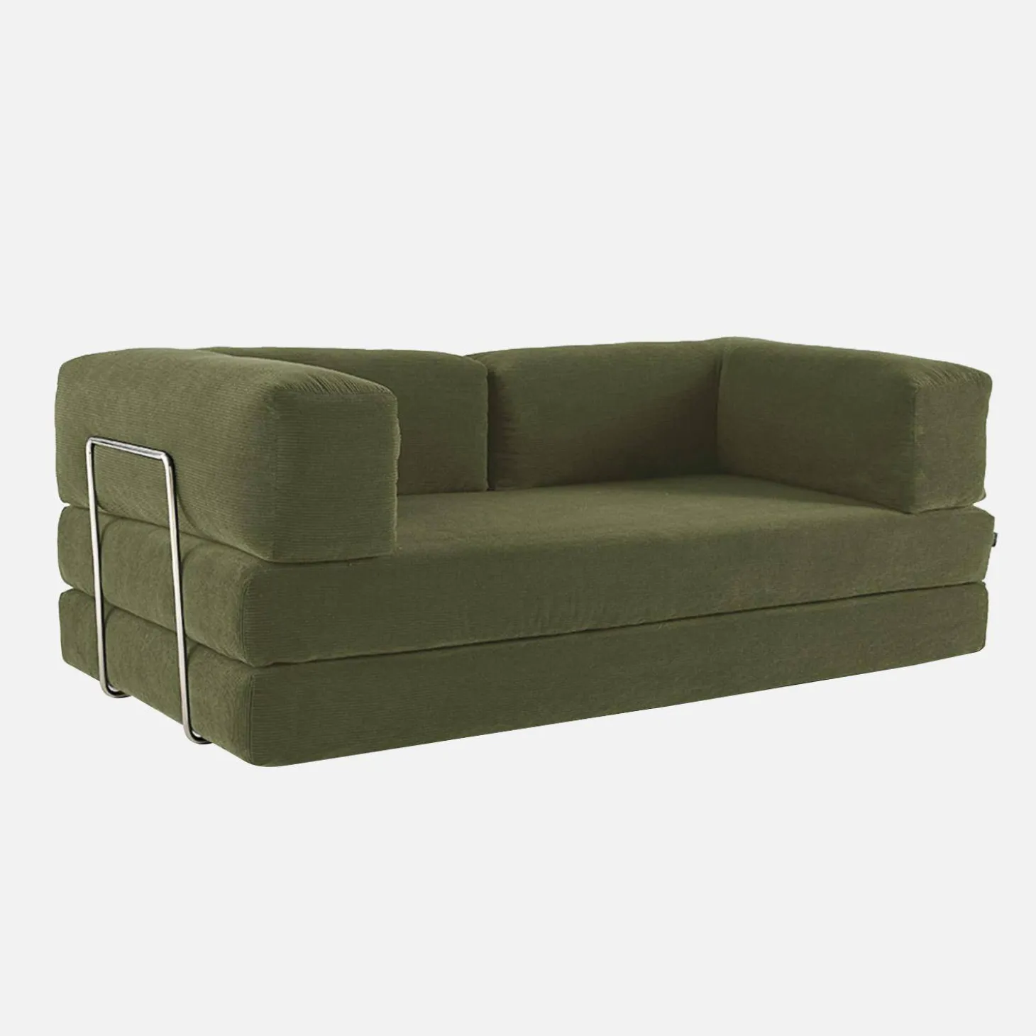 Sofá cama con futón plegable en pana y estructura cromada, 3 plazas