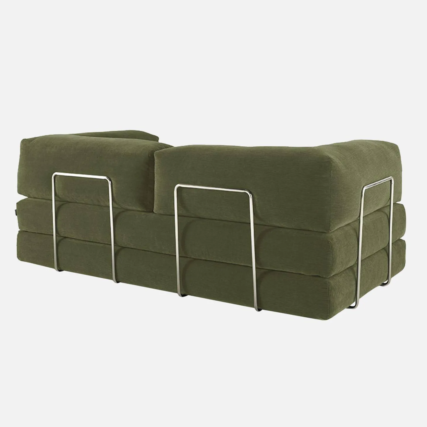Sofá cama con futón plegable en pana y estructura cromada, 3 plazas