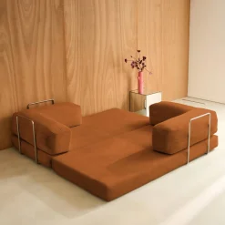 Sofá cama con futón plegable en pana y estructura cromada, 3 plazas