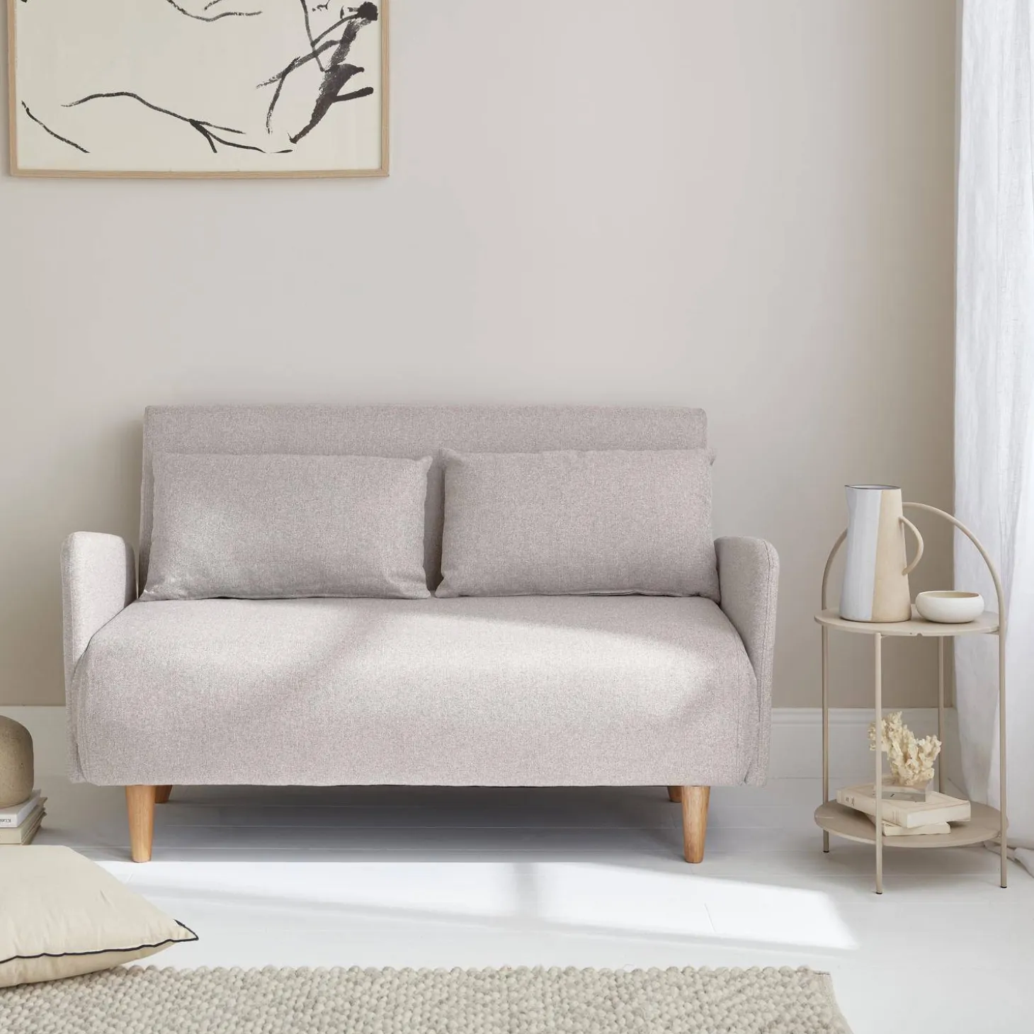 Sofá cama con patas de madera de 2 plazas