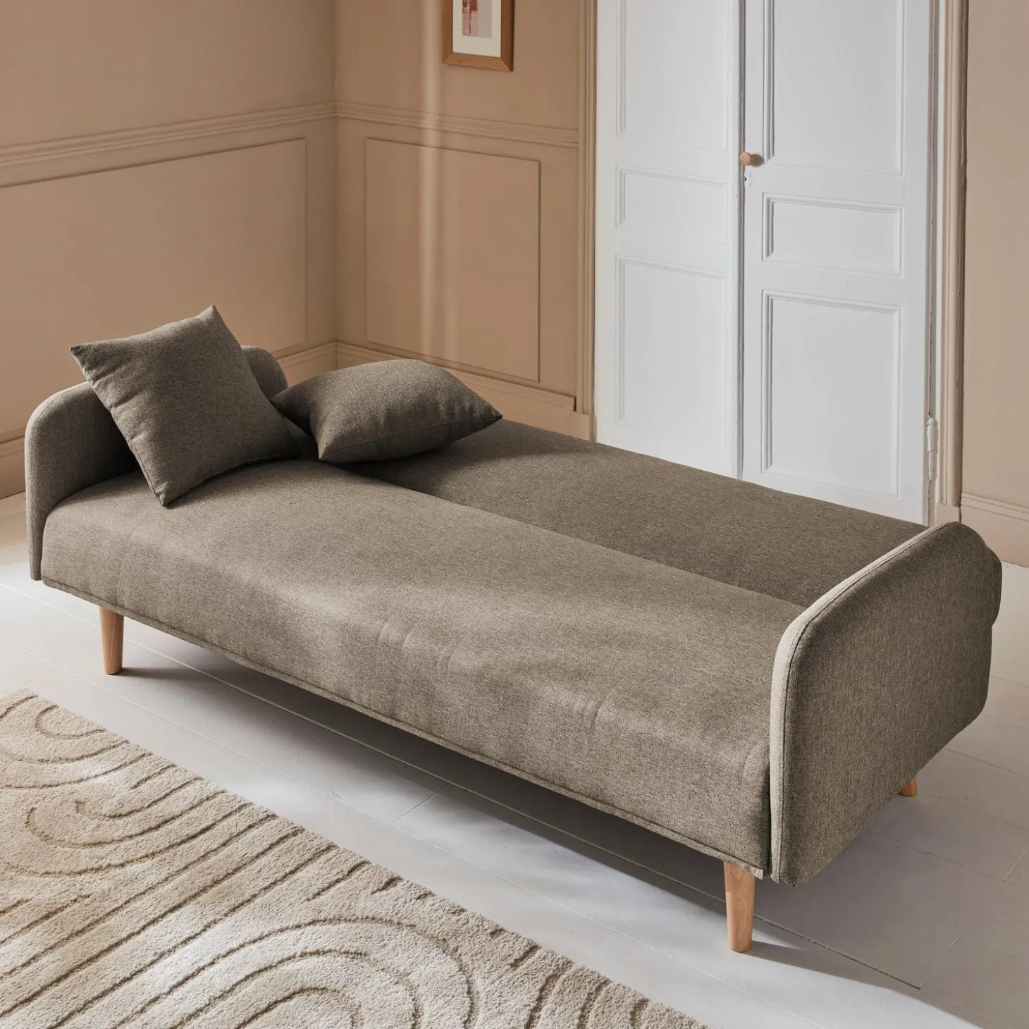 Sofá cama de 2-3 plazas de tela, patas de madera de hevea
