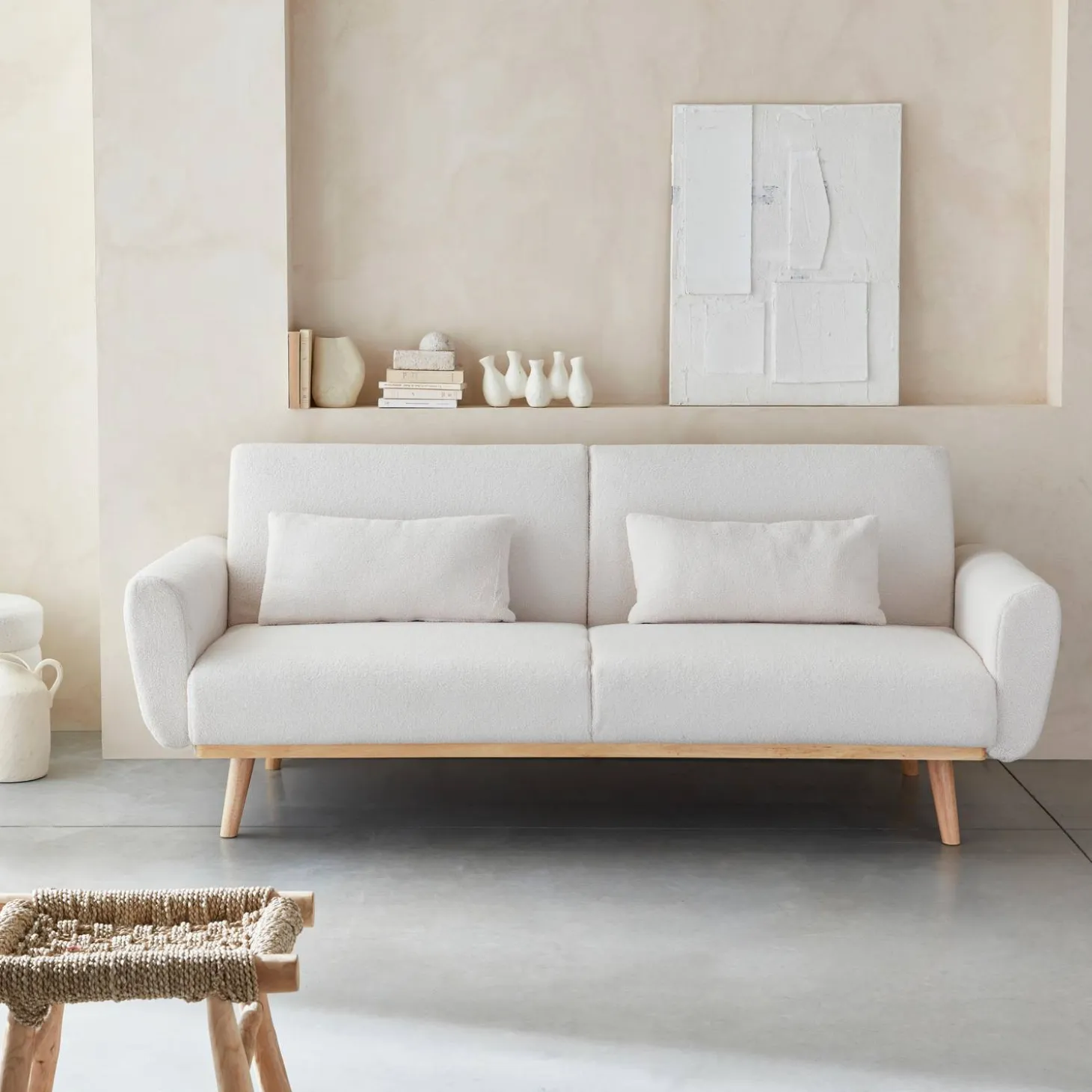 Sofá cama de borreguito blanco, 3 plazas
