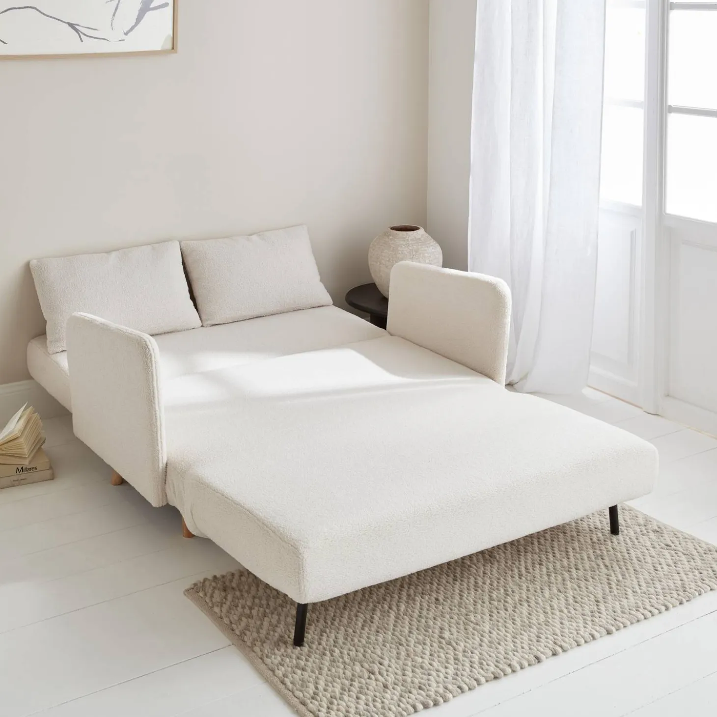 Sofá cama de borreguito blanco, 2 plazas