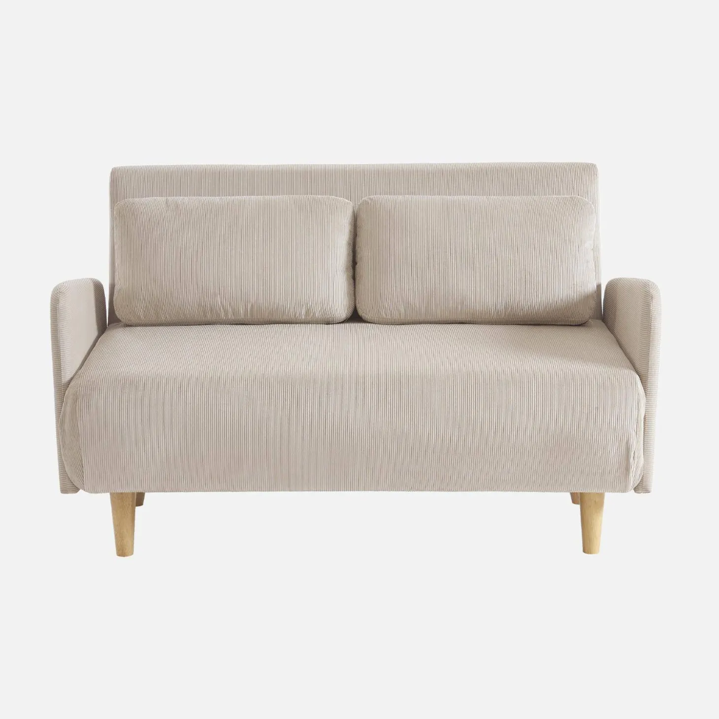 Sofá cama de pana con patas de madera, 2 plazas