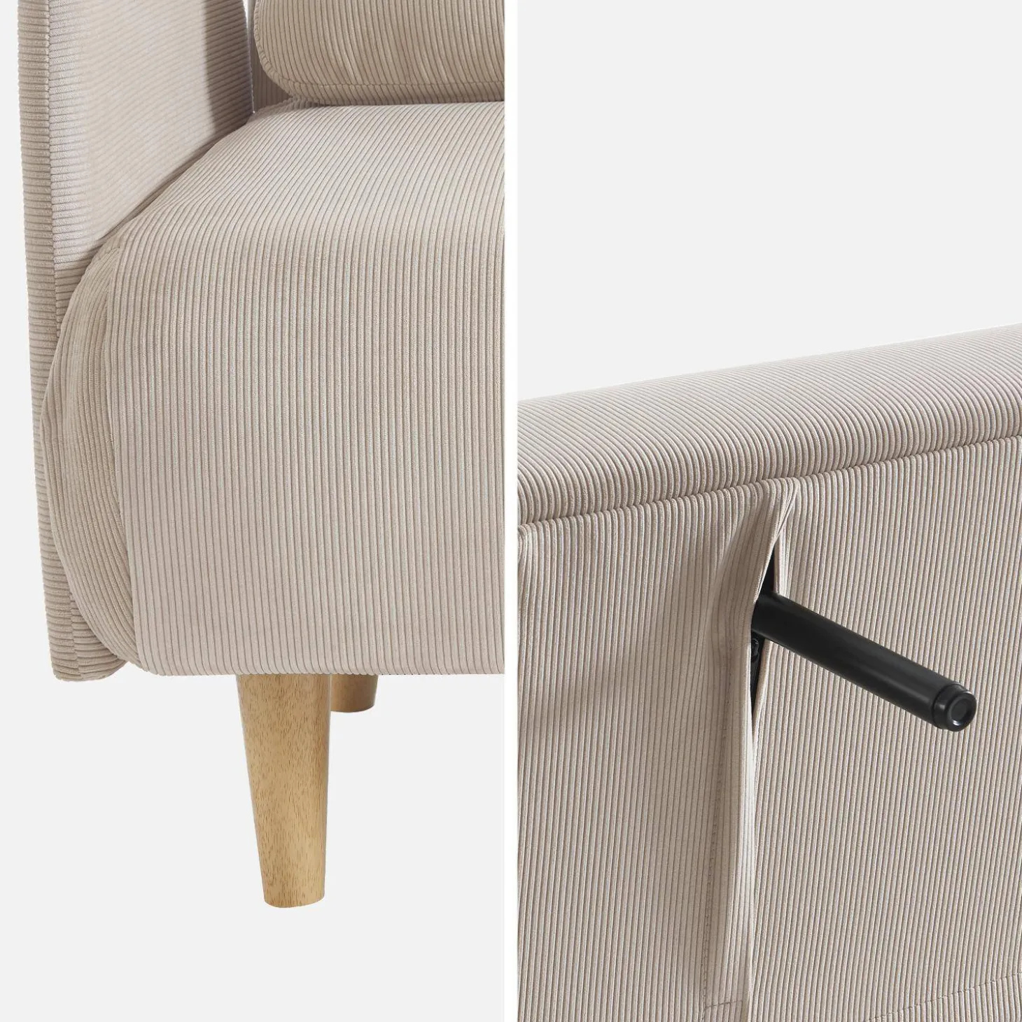 Sofá cama de pana con patas de madera, 2 plazas