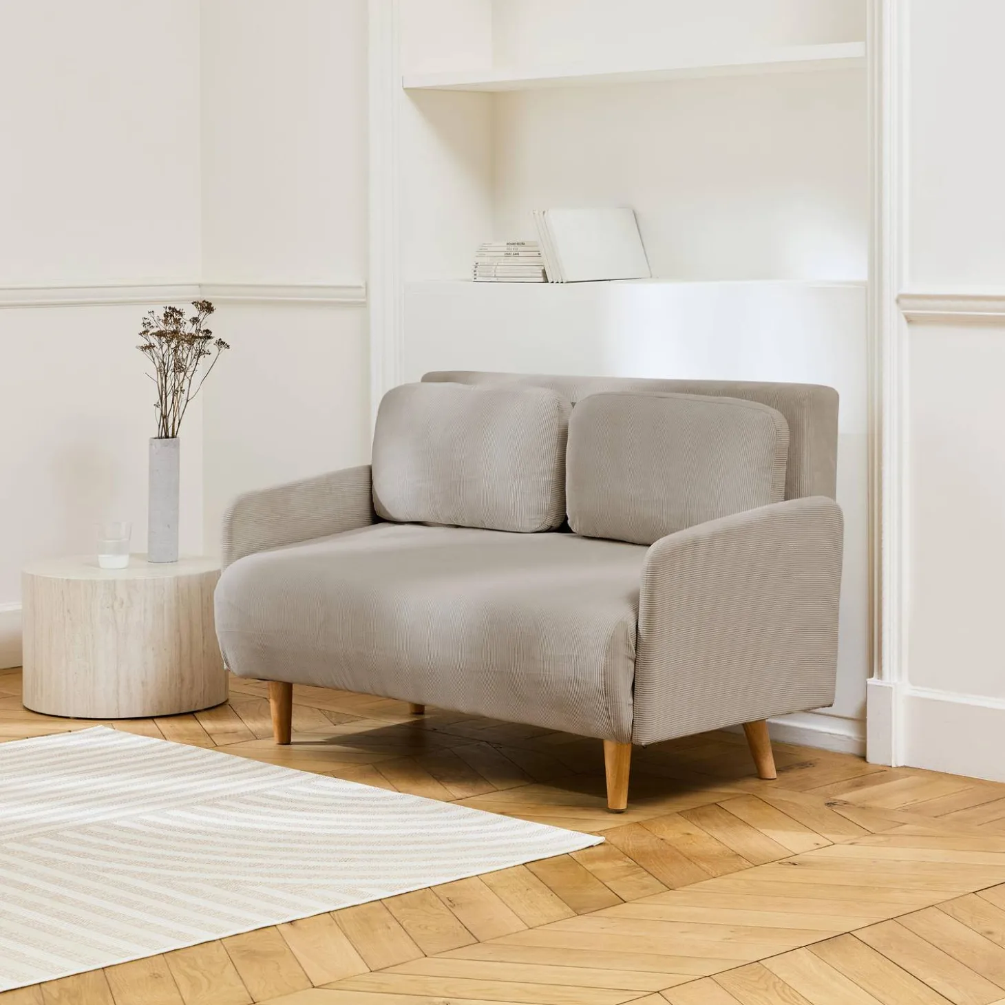 Sofá cama de pana con patas de madera, 2 plazas