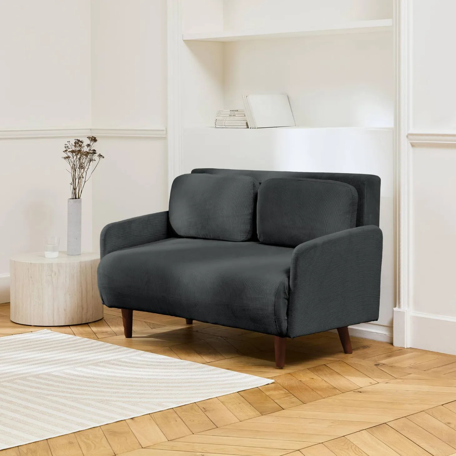 Sofá cama de pana con patas de madera, 2 plazas