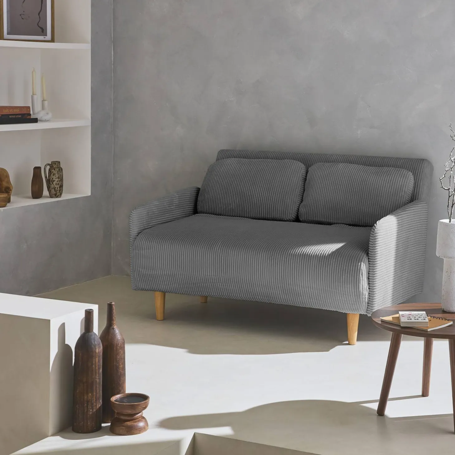 Sofá cama de pana con patas de madera, 2 plazas