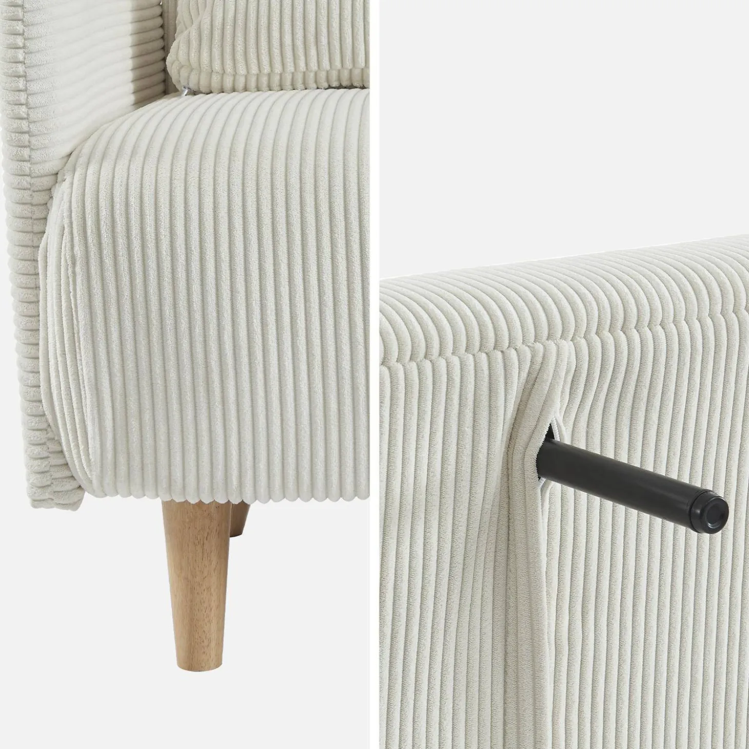 Sofá cama de pana con patas de madera, 2 plazas