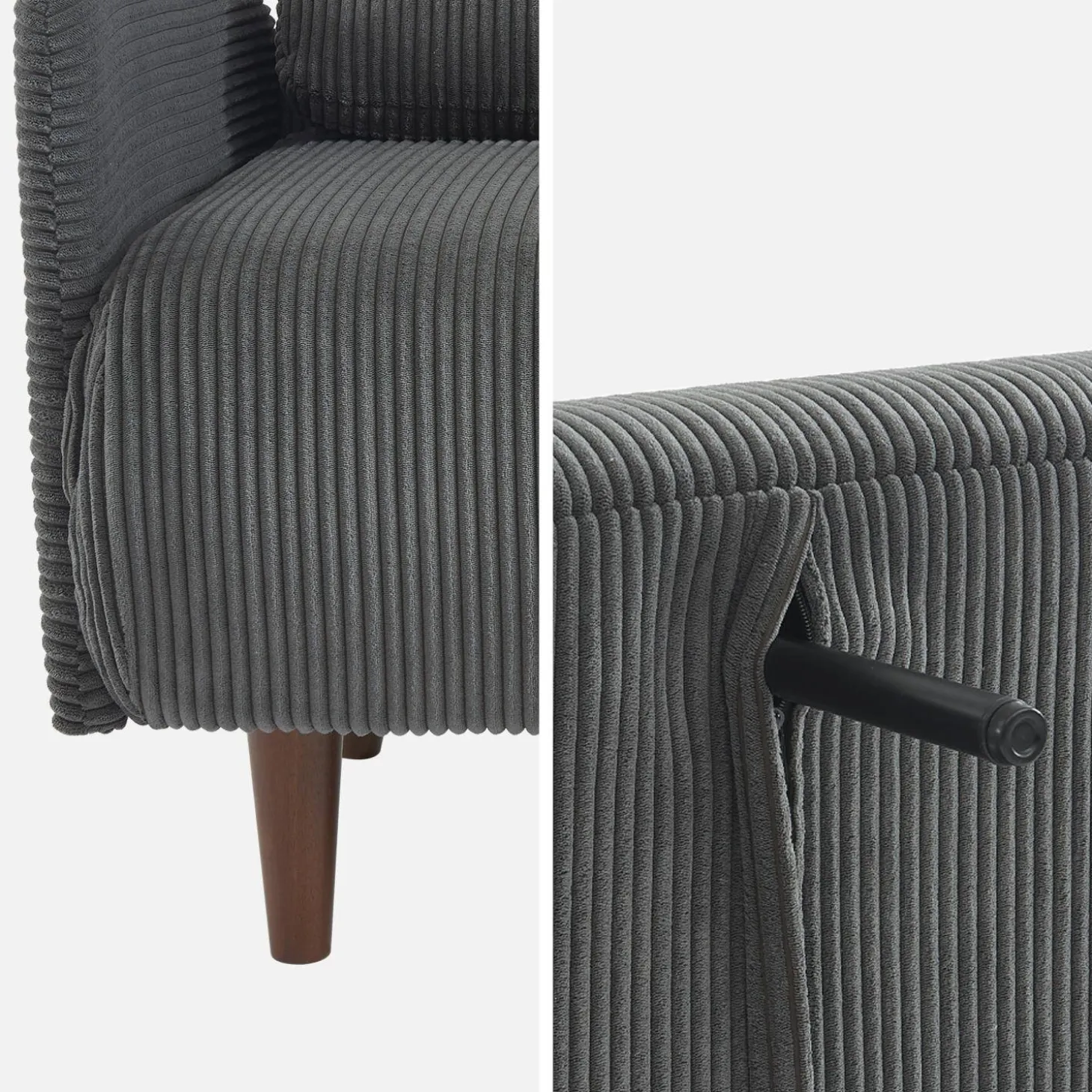 Sofá cama de pana con patas de madera, 2 plazas