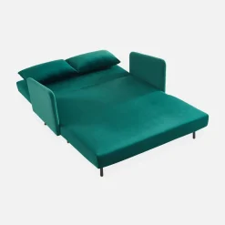 Sofá cama de terciopelo con patas de madera, 2 plazas