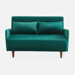 Sofá cama de terciopelo con patas de madera, 2 plazas