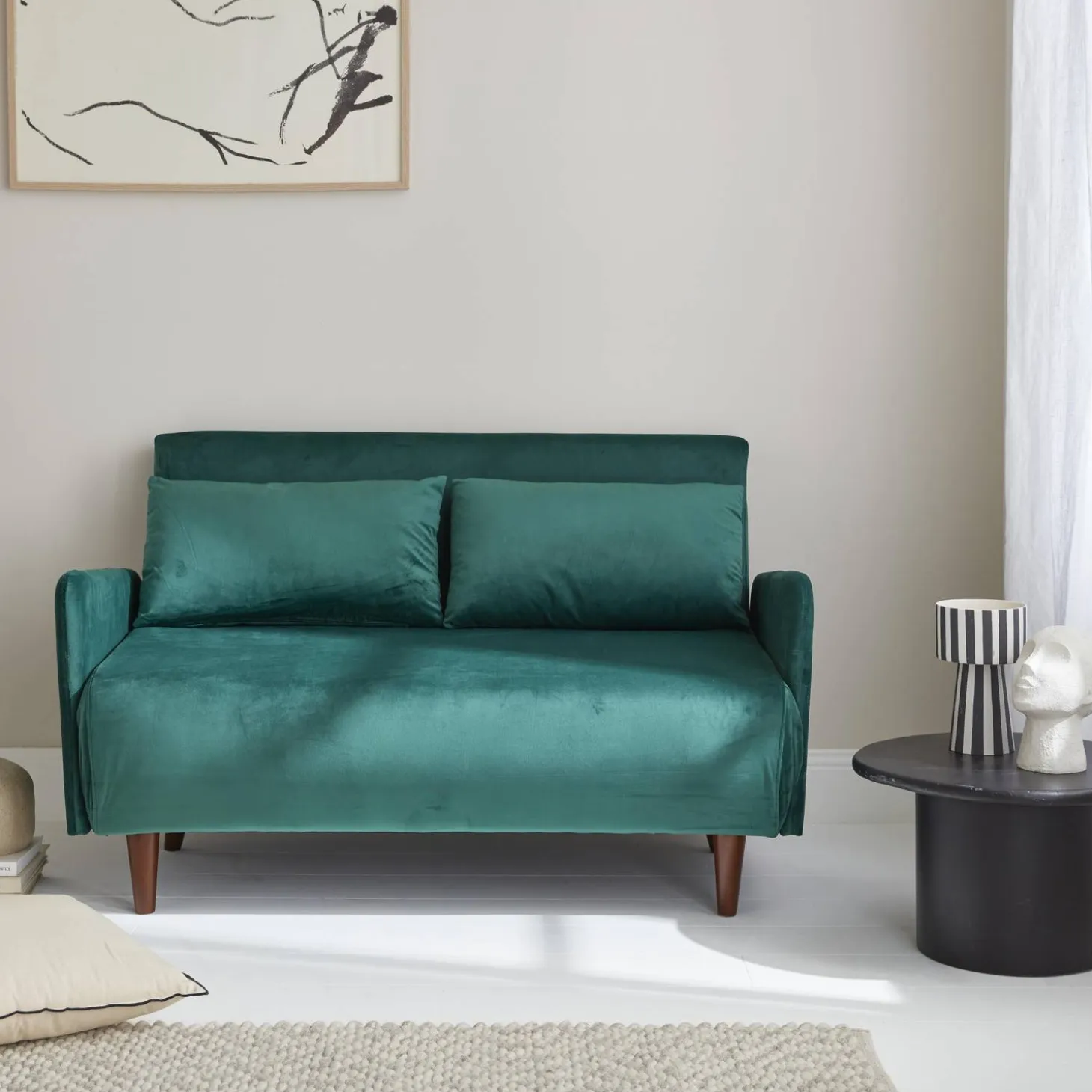 Sofá cama de terciopelo con patas de madera, 2 plazas