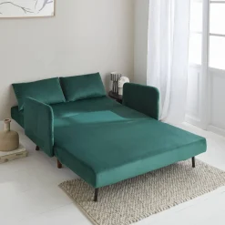 Sofá cama de terciopelo con patas de madera, 2 plazas