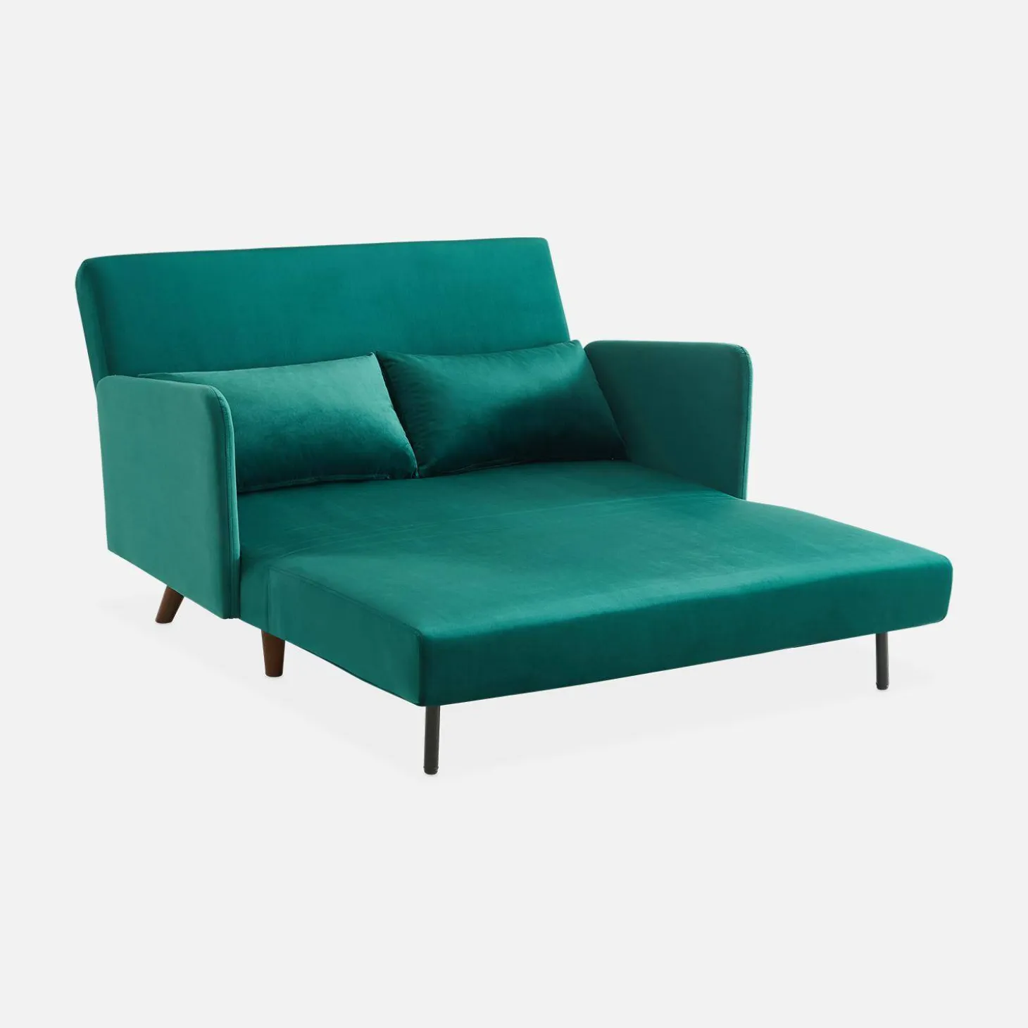 Sofá cama de terciopelo con patas de madera, 2 plazas