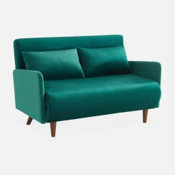 Sofá cama de terciopelo con patas de madera, 2 plazas