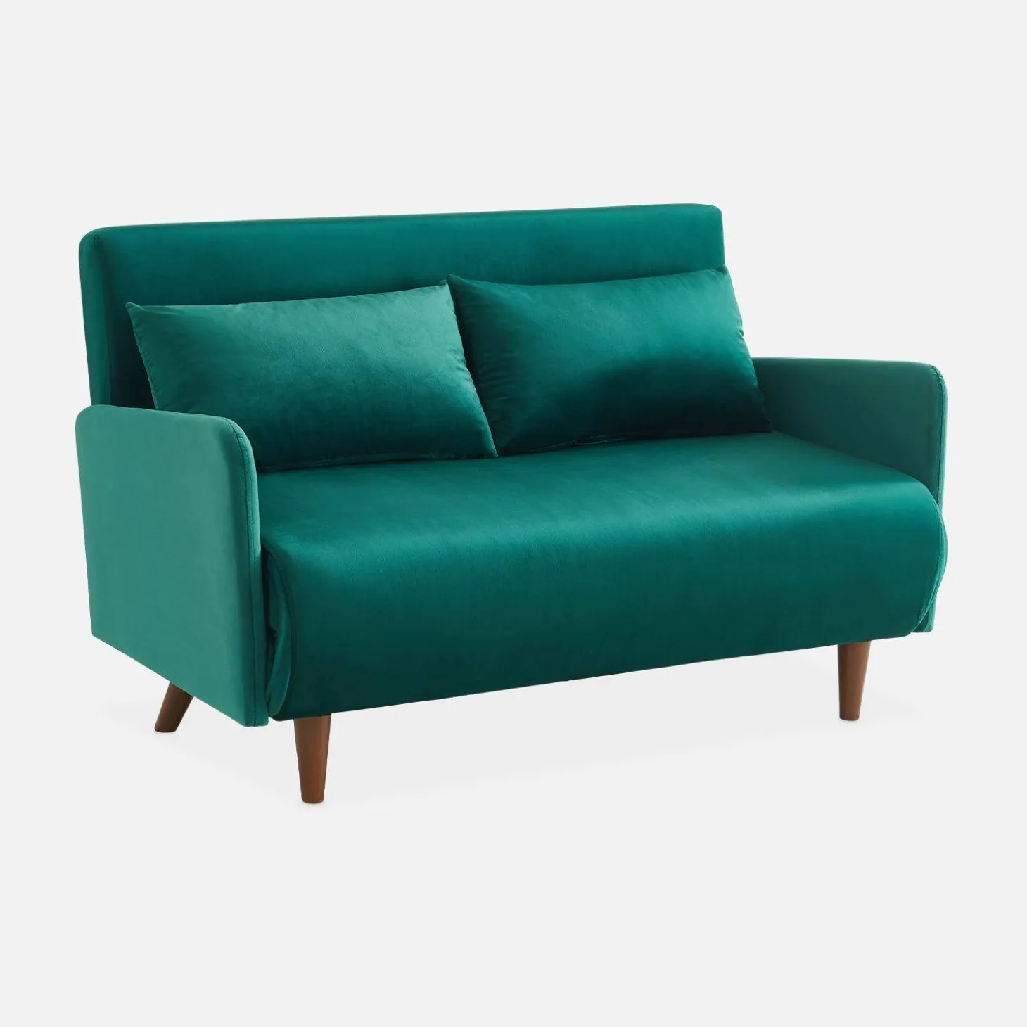 Sofá cama de terciopelo con patas de madera, 2 plazas
