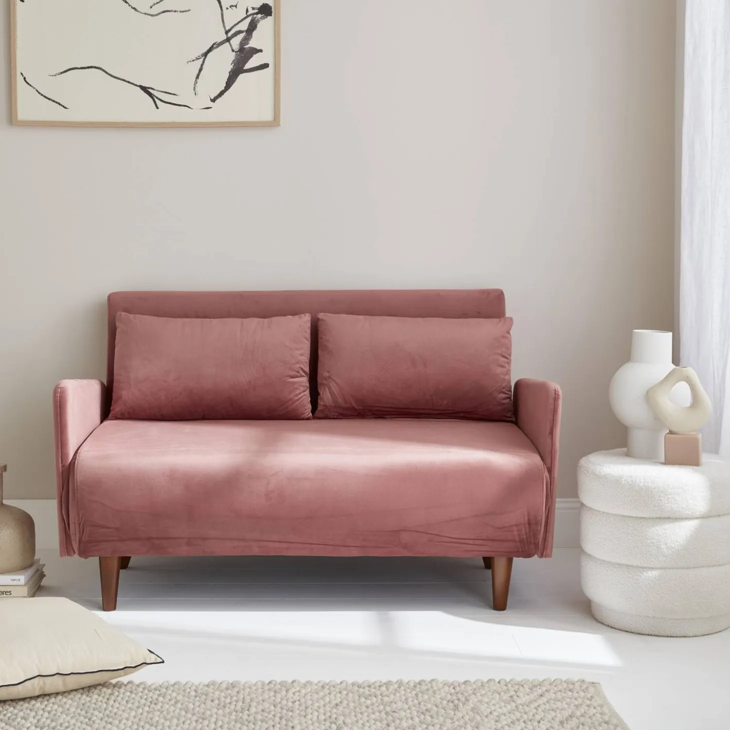 Sofá cama de terciopelo con patas de madera, 2 plazas