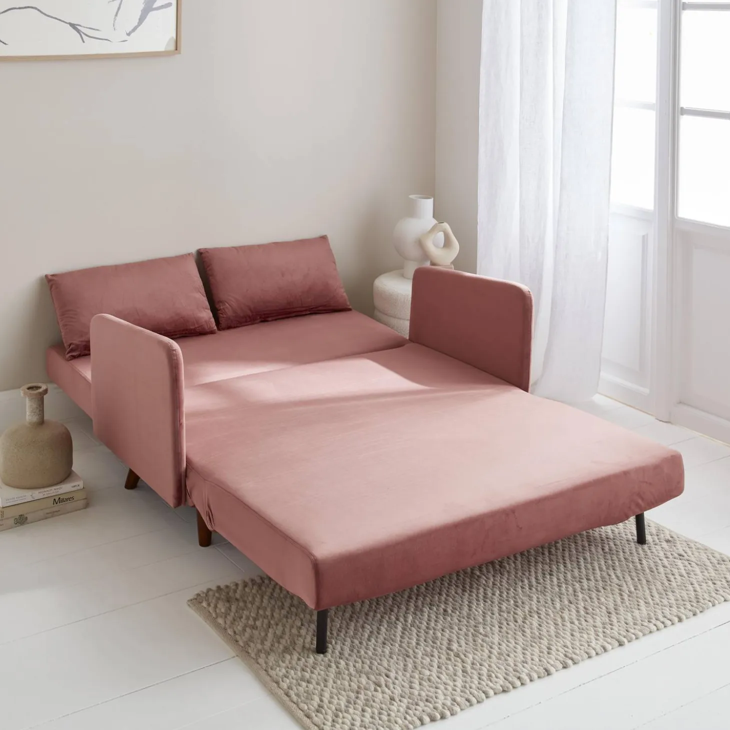 Sofá cama de terciopelo con patas de madera, 2 plazas