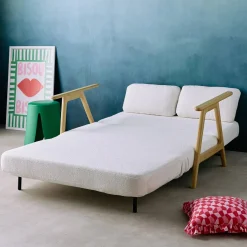 Sofá cama en borreguito y madera, 2 plazas