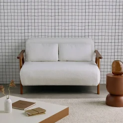 Sofá cama en borreguito y madera teñido nogal, 2 plazas