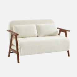 Sofá cama en borreguito y madera teñido nogal, 2 plazas