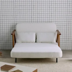 Sofá cama en borreguito y madera teñido nogal, 2 plazas