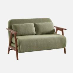 Sofá cama en borreguito y madera teñido nogal, 2 plazas