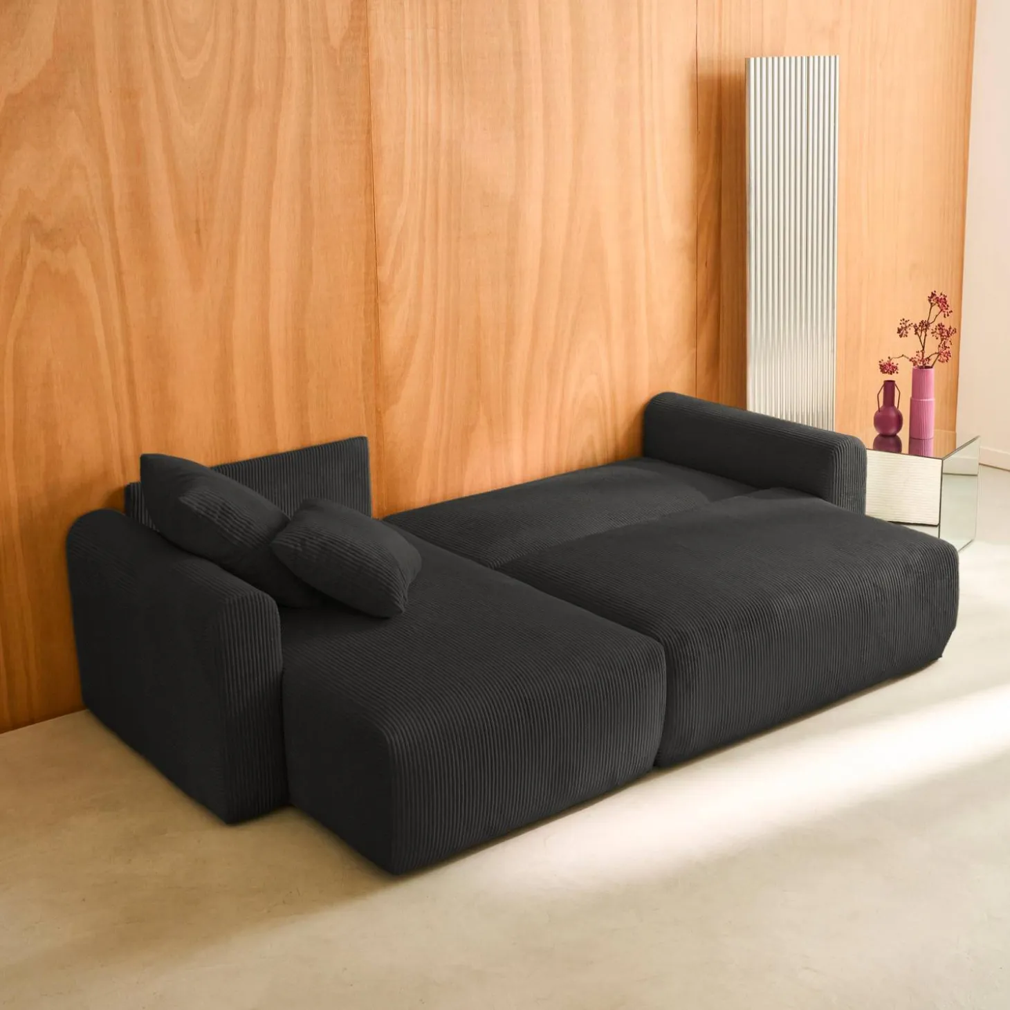 Sofá cama esquinero de pana fina, 3 plazas