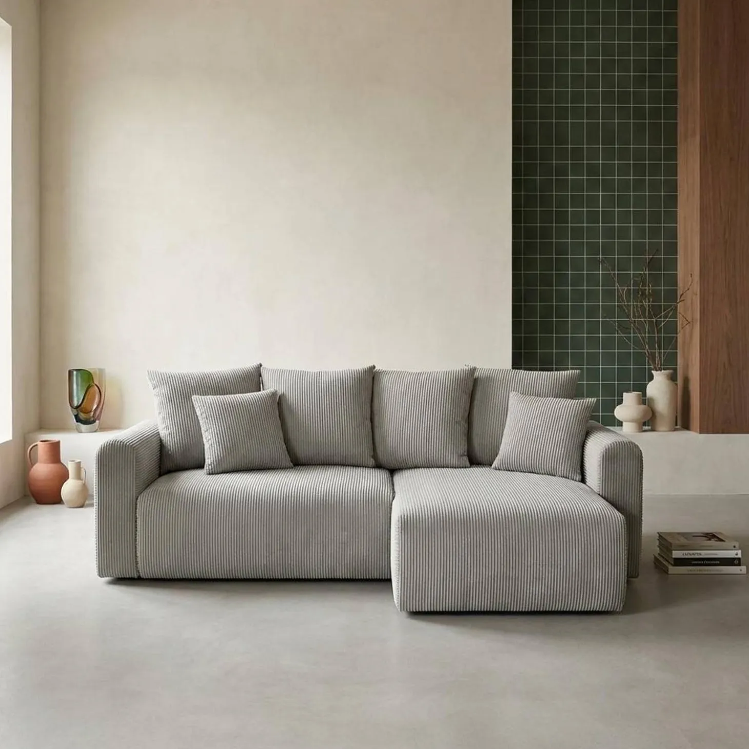 Sofá cama esquinero de pana fina, 3 plazas
