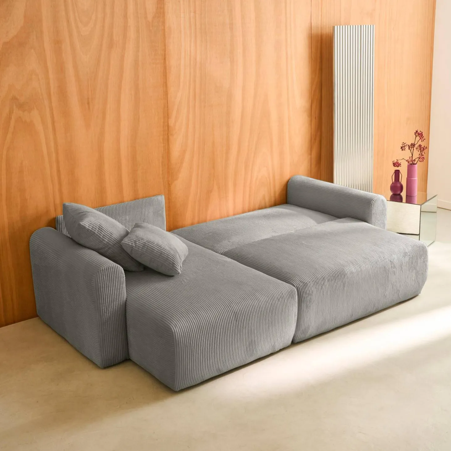 Sofá cama esquinero de pana fina, 3 plazas