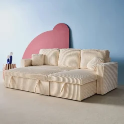 Sofá cama esquinero de pelo sintético con textura acanalada de 3 plazas