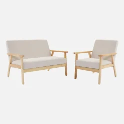 Sofá de 2 plazas y sillón de pana con patas de madera