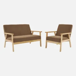 Sofá de 2 plazas y sillón de pana con patas de madera