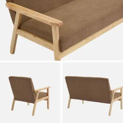 Sofá de 2 plazas y sillón de pana con patas de madera
