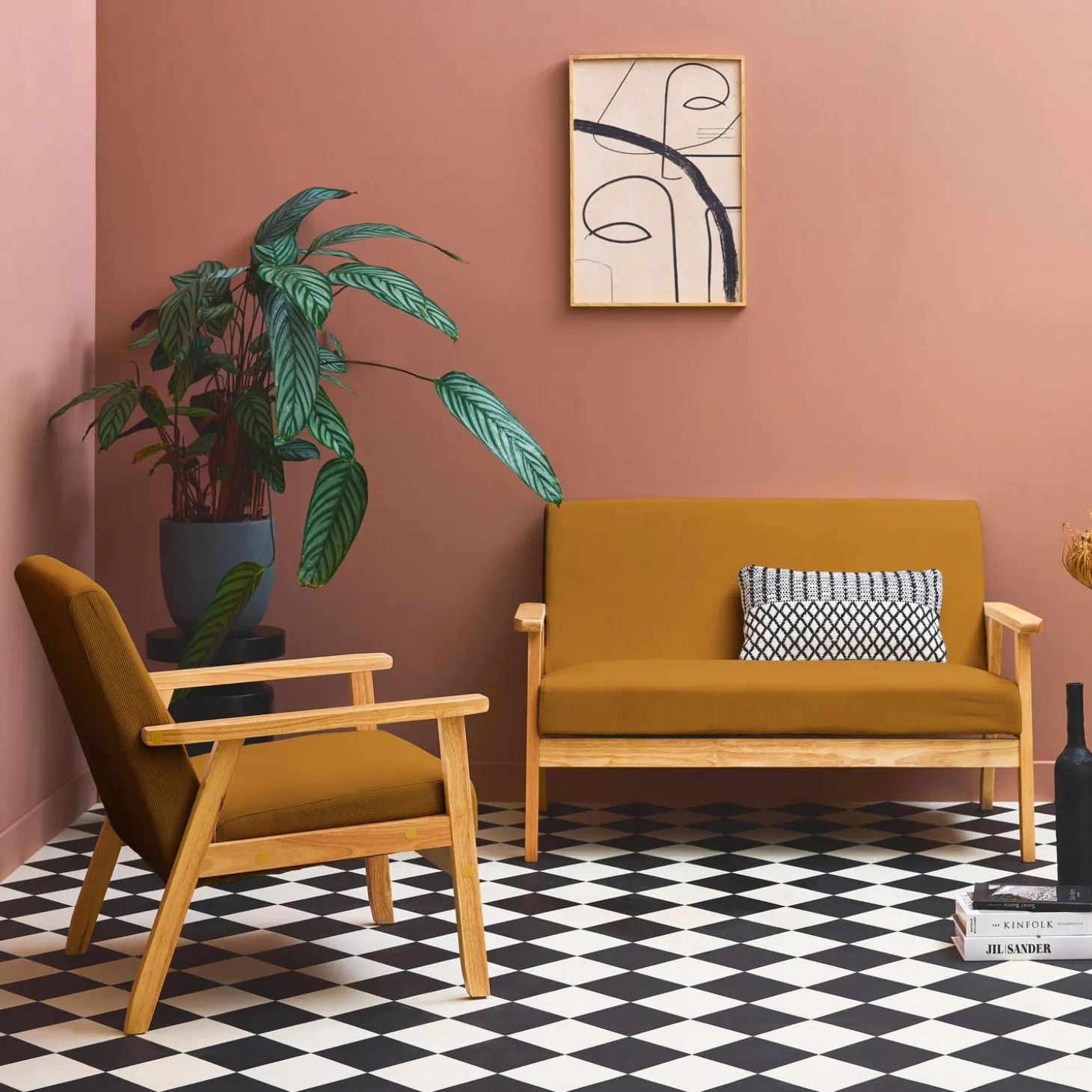 Sofá de 2 plazas y sillón de pana con patas de madera
