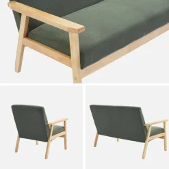 Sofá de 2 plazas y sillón de pana con patas de madera