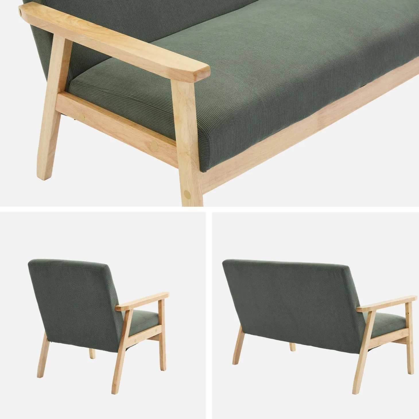 Sofá de 2 plazas y sillón de pana con patas de madera