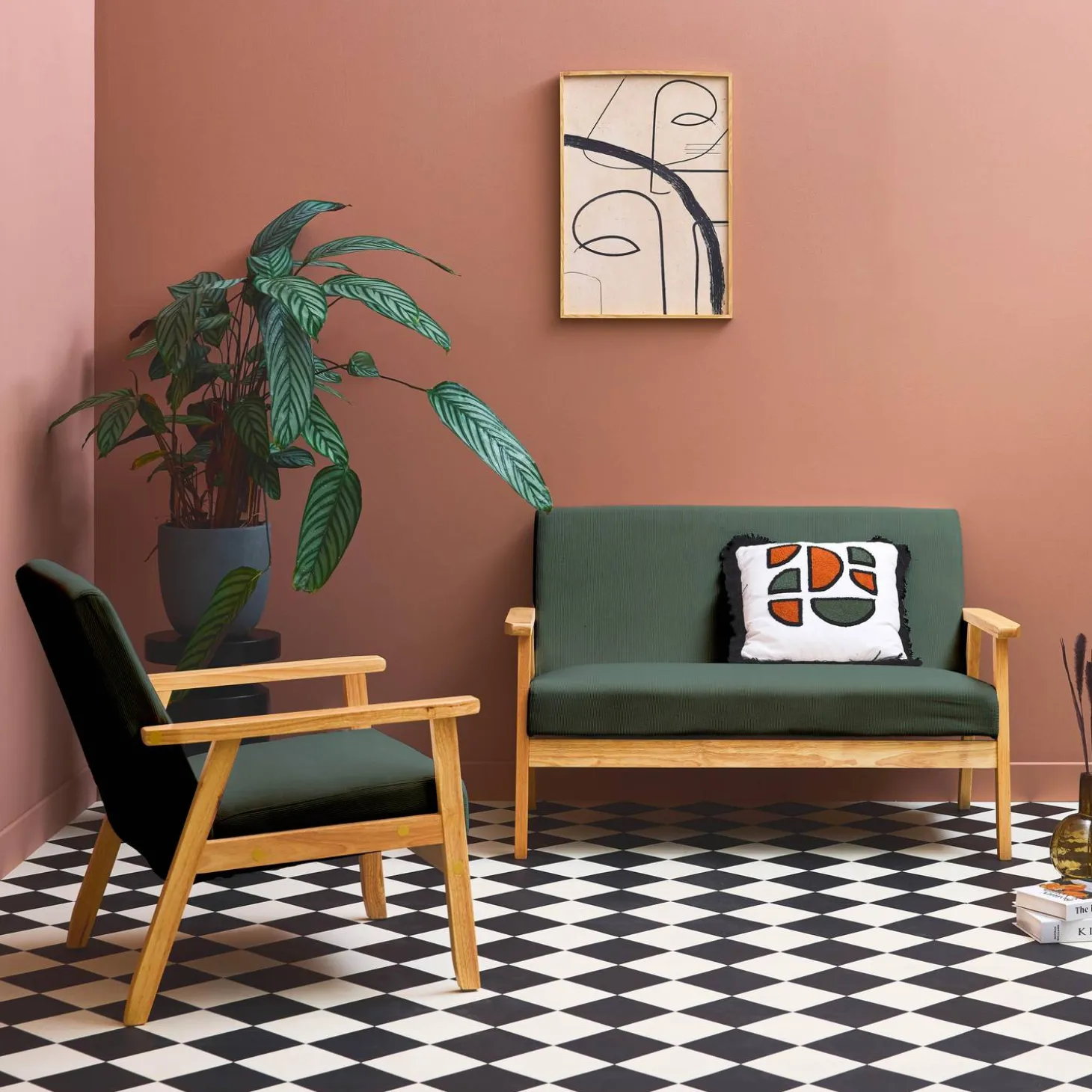 Sofá de 2 plazas y sillón de pana con patas de madera
