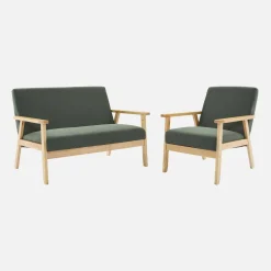 Sofá de 2 plazas y sillón de pana con patas de madera