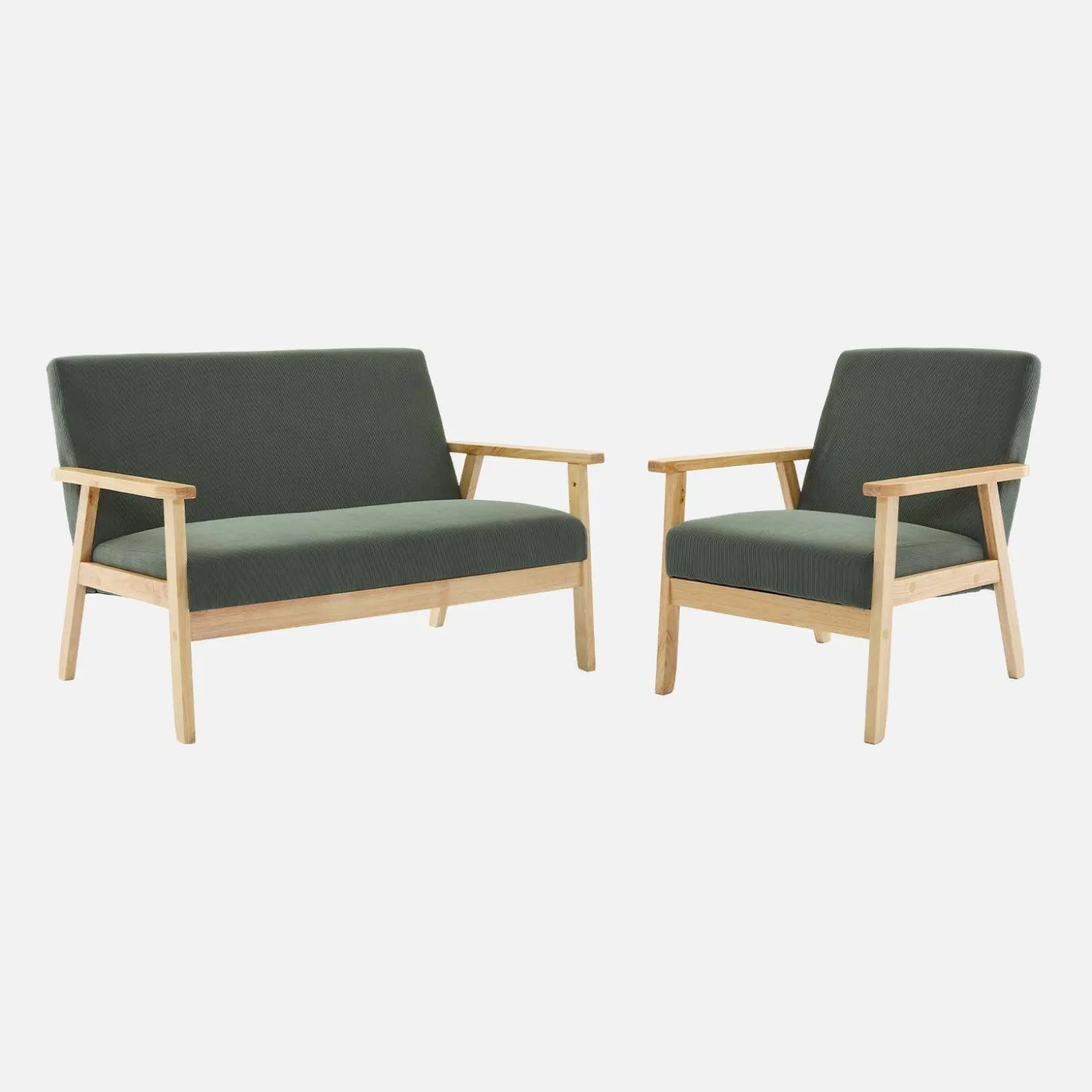 Sofá de 2 plazas y sillón de pana con patas de madera