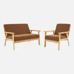 Sofá de 2 plazas y sillón de pana con patas de madera