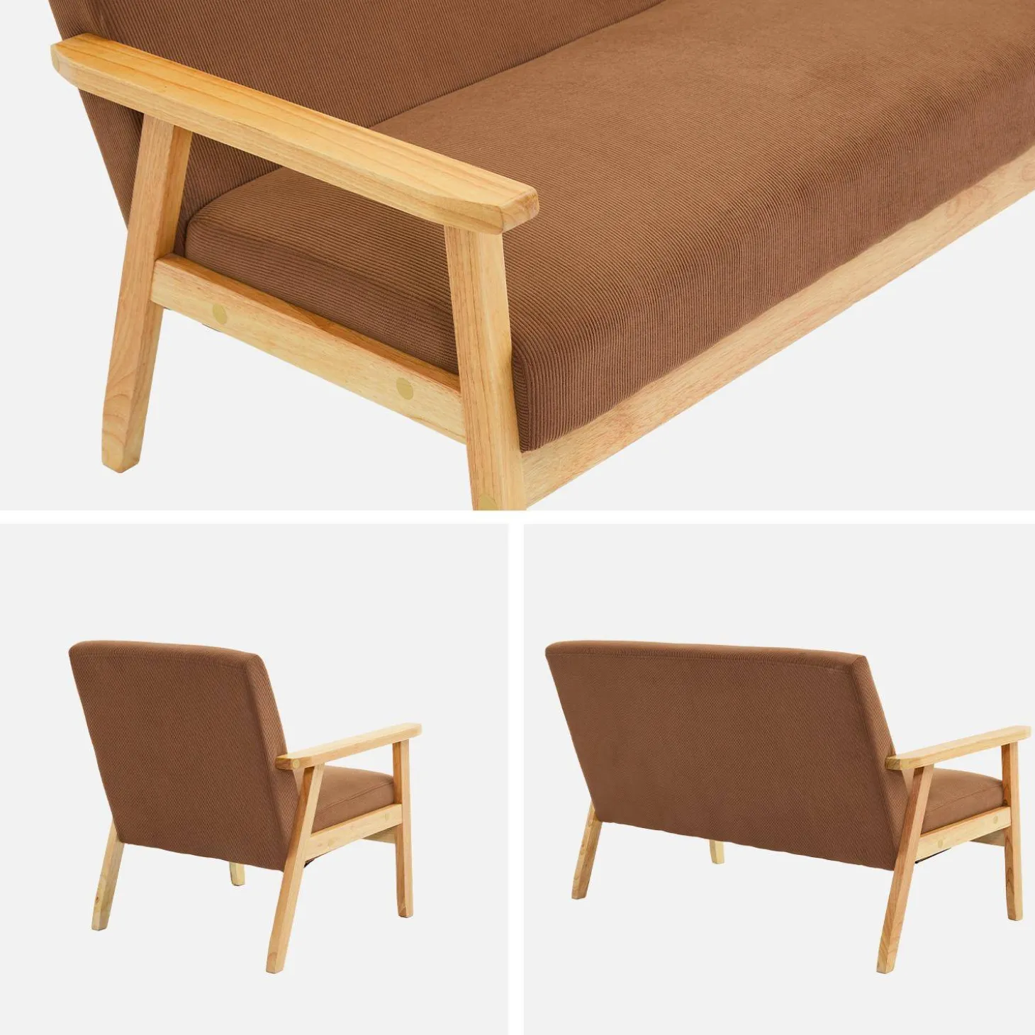 Sofá de 2 plazas y sillón de pana con patas de madera