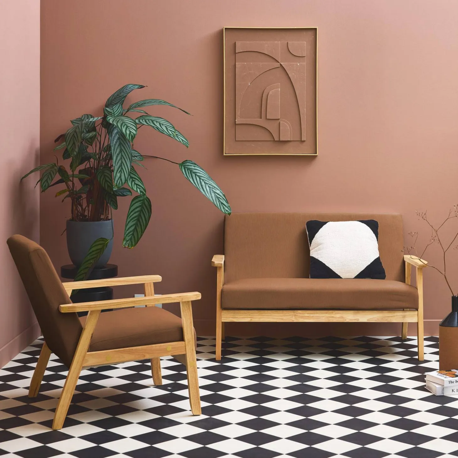Sofá de 2 plazas y sillón de pana con patas de madera