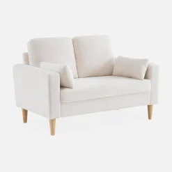 Sofá de tejido borreguito con patas de madera, 2 plazas