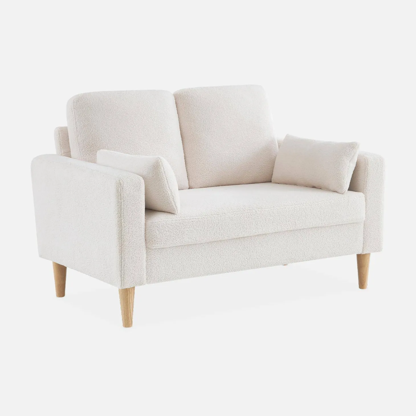 Sofá de tejido borreguito con patas de madera, 2 plazas