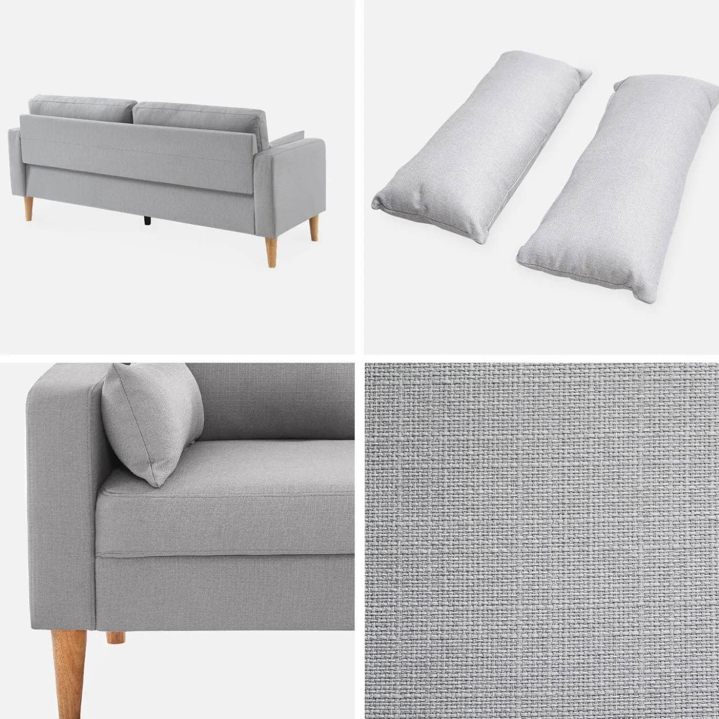 Sofá de tela con patas de madera, 3 plazas