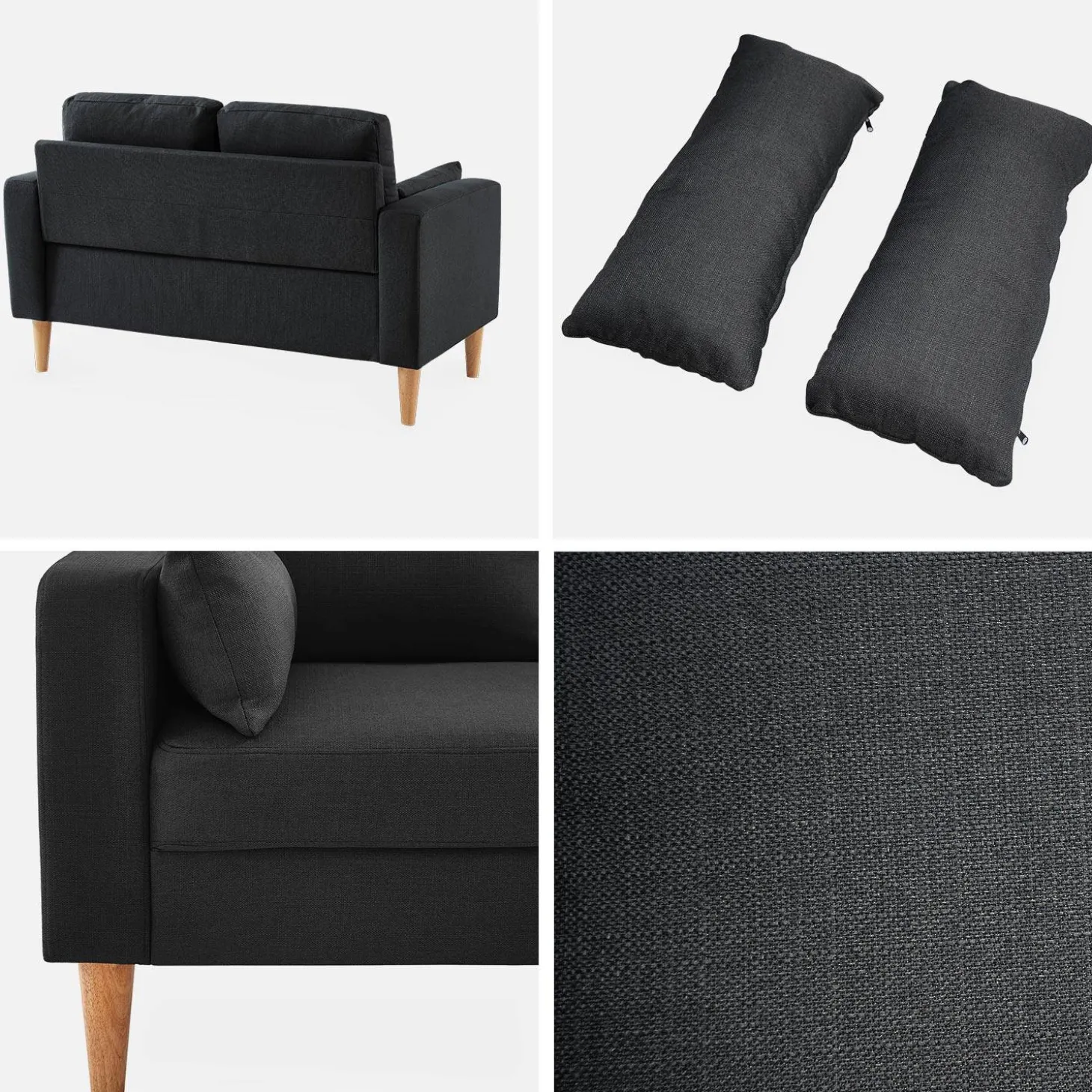 Sofá de tela con patas de madera, 2 plazas