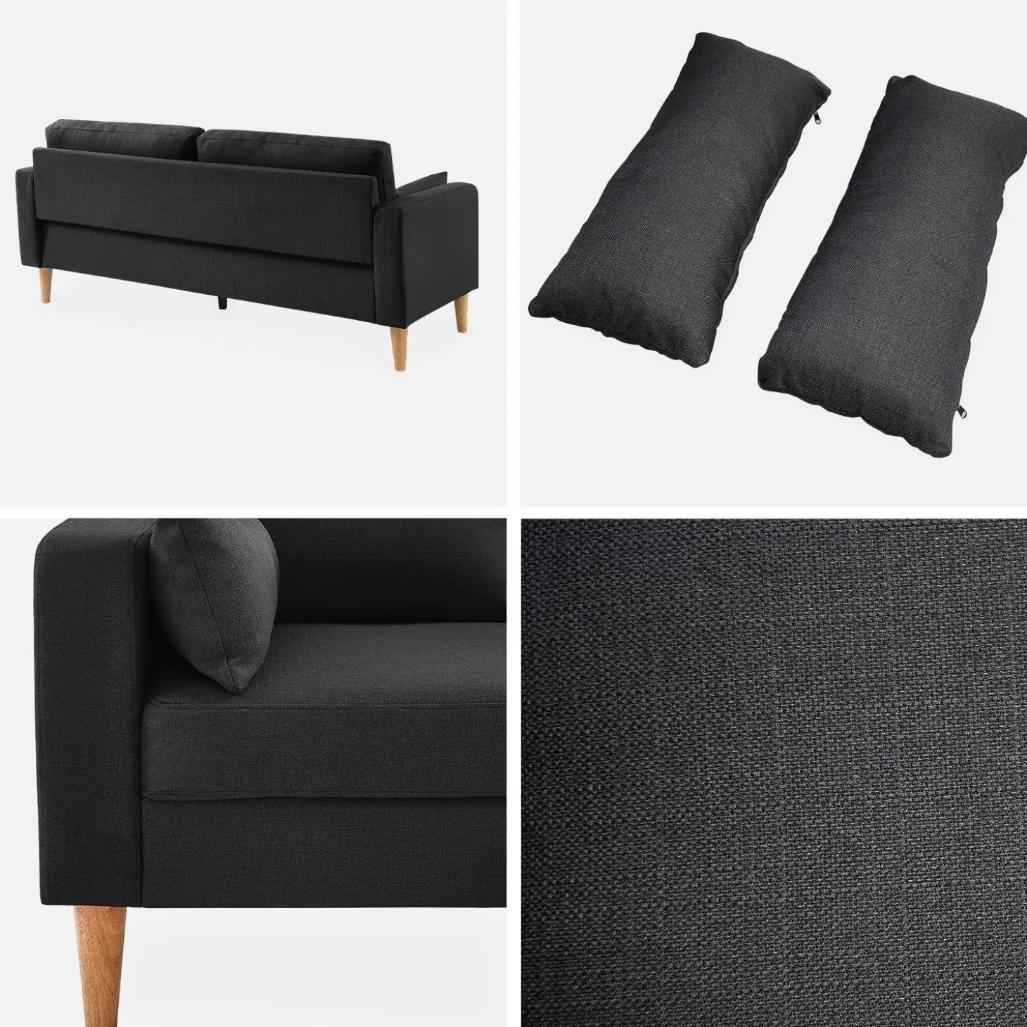 Sofá de tela con patas de madera, 3 plazas